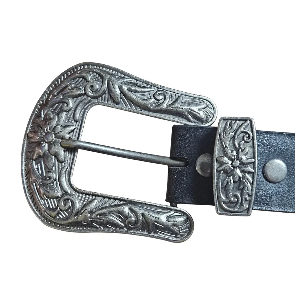 Vintage Western Genuine Leather Whipstitch Rhinestone Belt Silver Buckle ML Boho